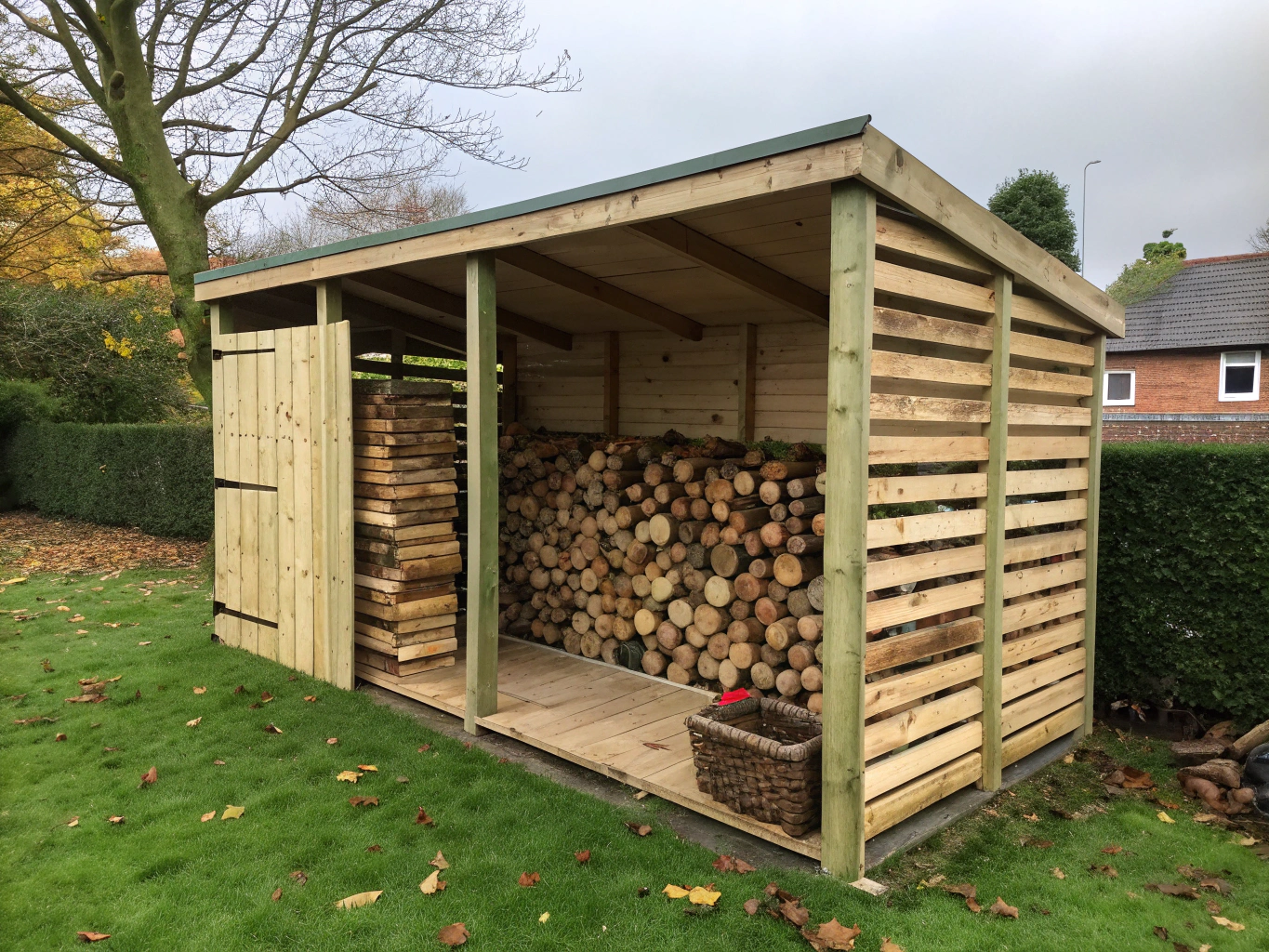 Covered self-serve pickup shed with metal IBC totes stacked with firewood